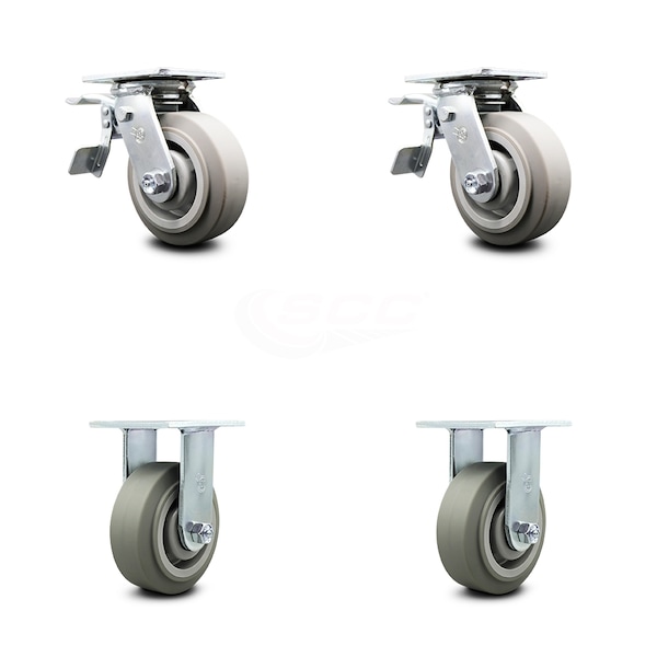 5 Inch Thermoplastic Rubber Caster Set with Ball Bearings 2 Brakes 2 Rigid SCC
